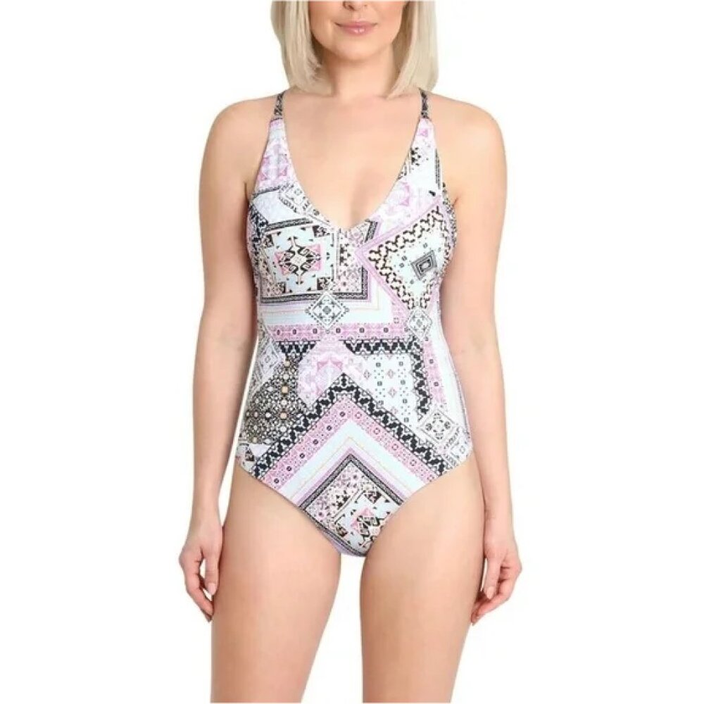Nanette Lepore Blue Purple & Pink Pattern One-Piece Swimsuit with Bronze Details